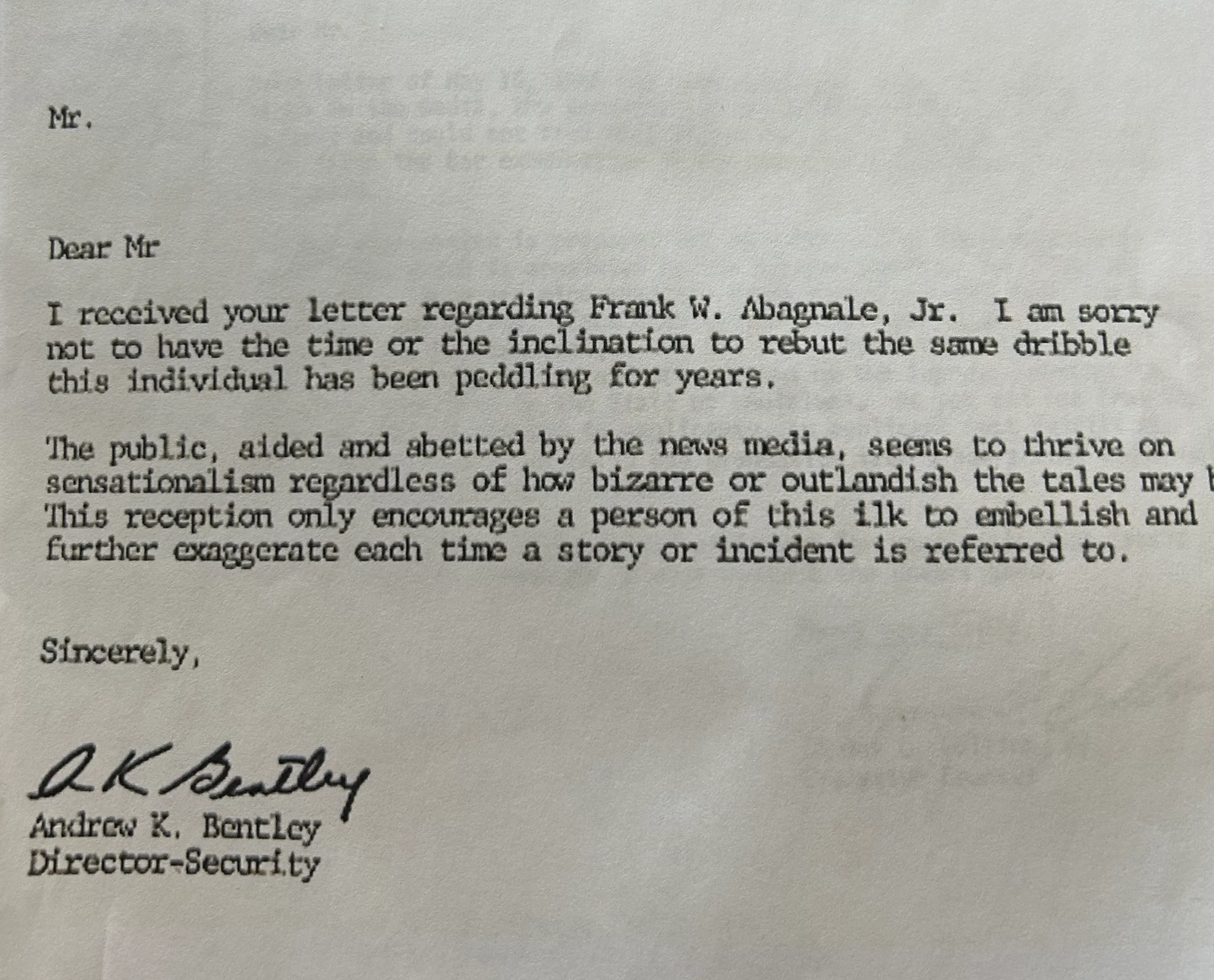 Carta del director de seguridad de PanAm explicando lo ridículo que le parece la historia de Abagnale.