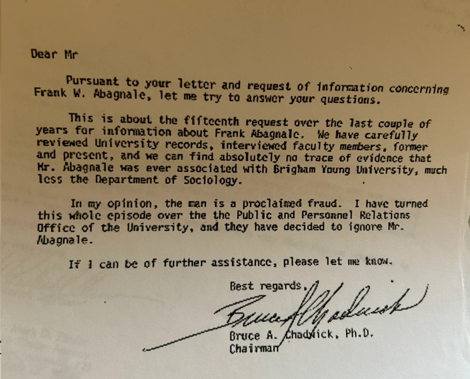 Carta del rector de la Universidad Brigham Young explicando que Abagnale nunca se hizo pasar por profesor de sociología de la institución.