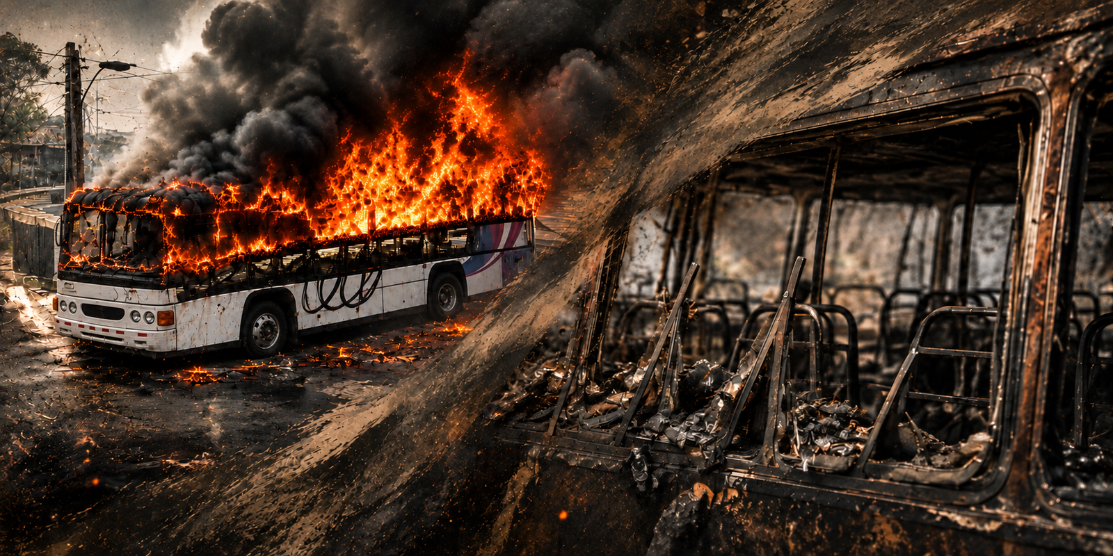Burned bus with rounded vintage headlights